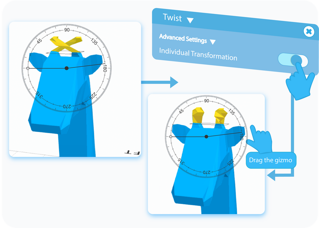 Toggle to enable the Individual Transformation option in the Advanced Settings of the Twist tool